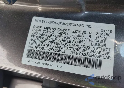2019 Acura Tlx Standard from USA, damaged, VIN 19UUB1F33KA009535